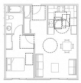 Floor plan for 1 bed, 1 bath, 621 sqft